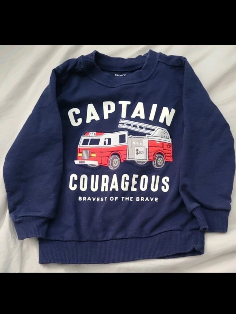 Carters 🚒 Captain Courageous "Bravest Of The Brave" Firetruck Navy Blue Sweater